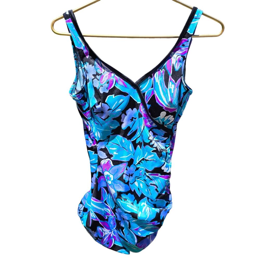 Vtg 80s Swimsuit One Piece Skirted Blue Black‎ Open Back Floral Hippy Flower S